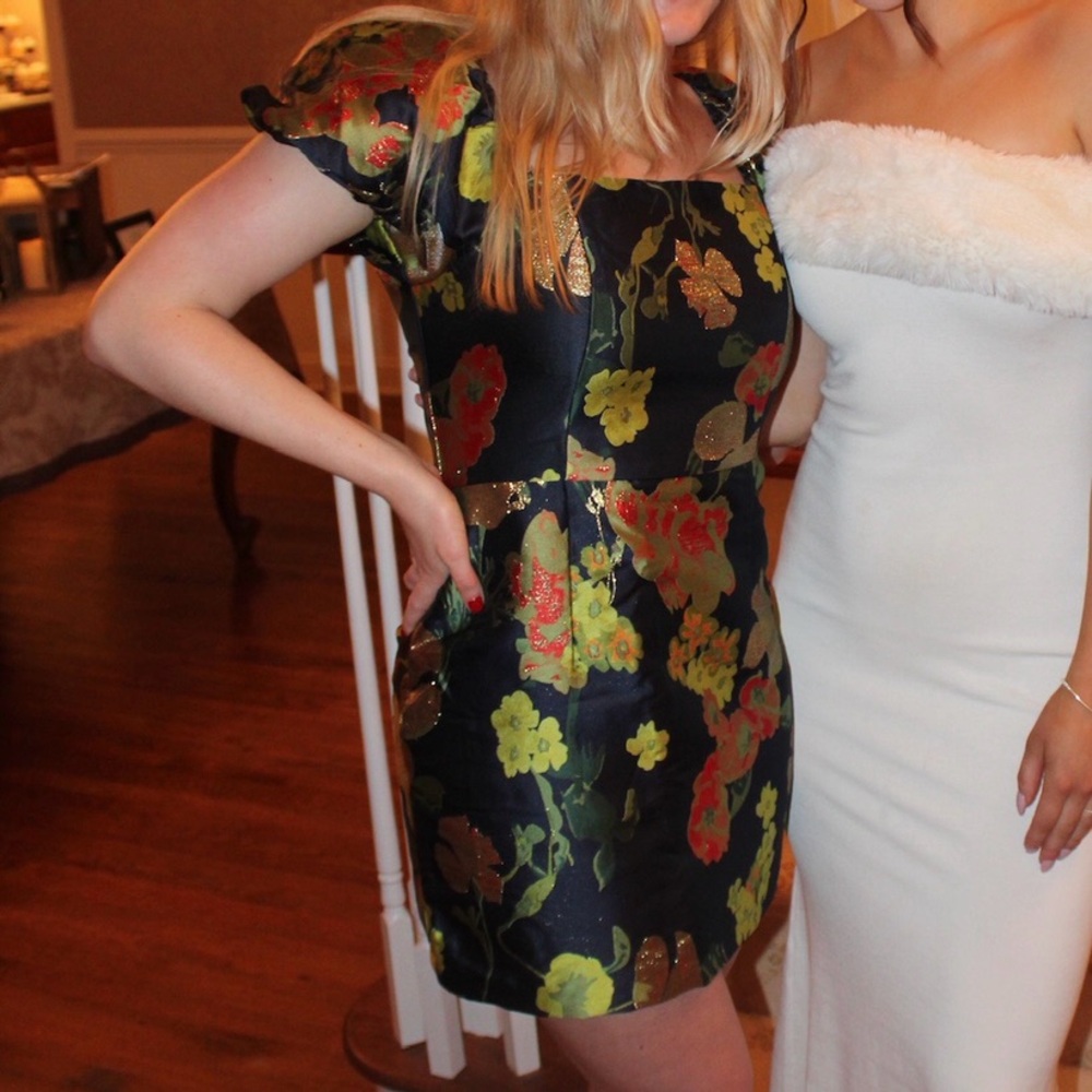 LULUS | So Stunning Navy Blue Floral Jacquard Puff Sleeve Mini Dress | Medium